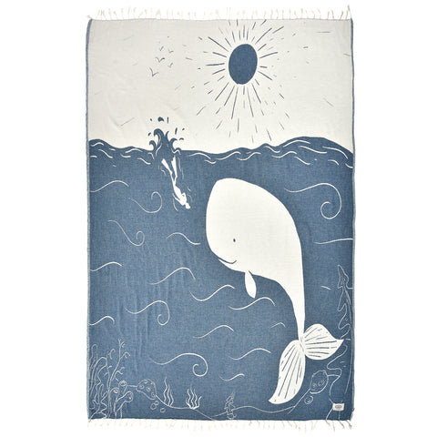 Exclusive XL Whale and Diver Peshtemal Pure Cotton Beach Towel