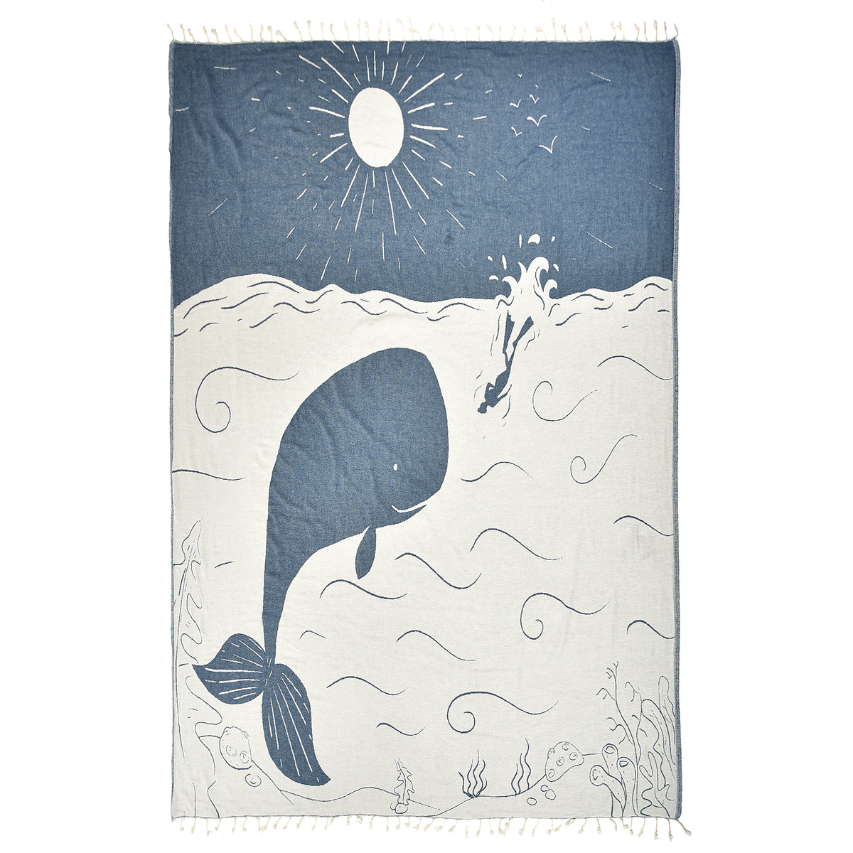 Exclusive XL Whale and Diver Peshtemal Pure Cotton Beach Towel